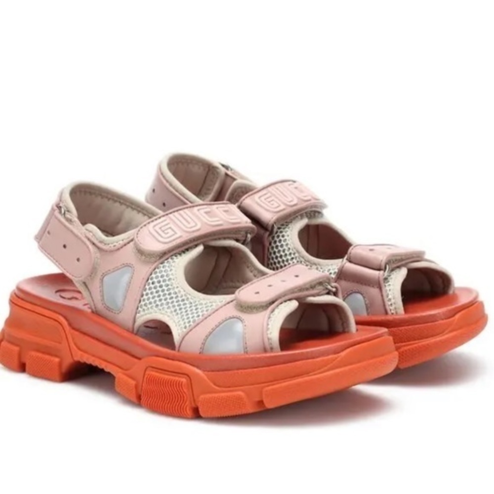 GUCCI Aguru pink orange Leather And Mesh Sandals 39 NEW with box and dust bag